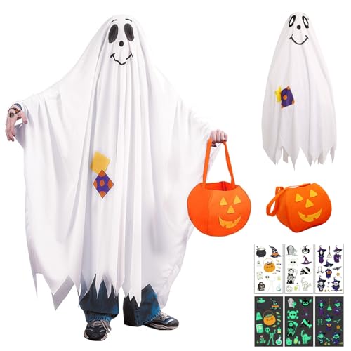 HIQE-FL Kinderkostüm Gespenst,Halloween Kostüm Geist Umhang,Kinder Geist Robe,mit Süßigkeitentasche,Leuchtende Aufkleber,für Fasching Halloween Party Maskerade Karneval,Mottoparty von HIQE-FL