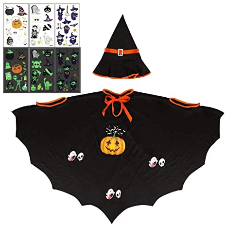 HIQE-FL Halloween Kostüm Kinder,Halloween Fledermaus Umhang mit Hut,Fledermaus Umhang Kostüm mädchen,Kürbis Kostüm Mädchen,für Halloween,Bühnenperformance,Karneval,Geeignet für Höhe 90-150cm von HIQE-FL