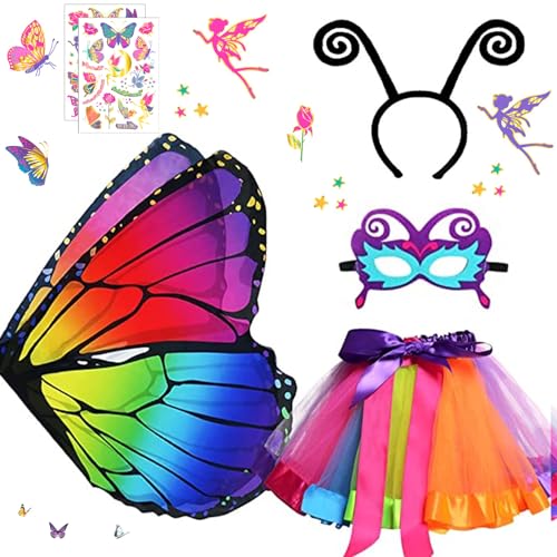 HIQE-FL Kostüm Schmetterling Kinder,6 Stück Schmetterling Kostüm Sets,Schmetterlingsverkleidungen,mit Maske,Kinder Tutu Rock, Haarreif, Tattoos Schmetterling,für Cosplay,Karneval,Fasching,Mottoparty von HIQE-FL