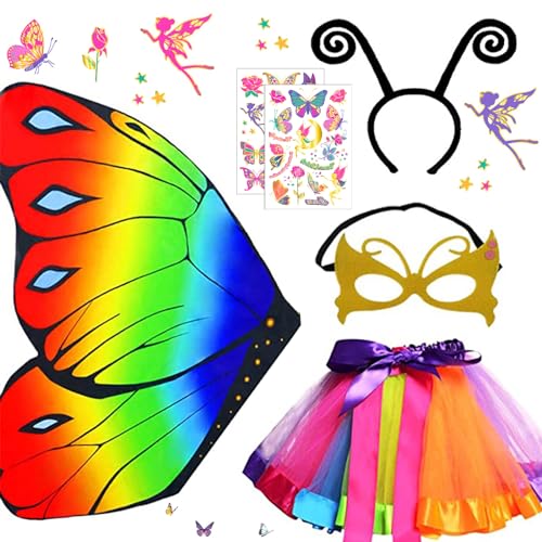 HIQE-FL Schmetterling Kostüm Set für Kinder - 6 Stück Mit Maske, Tutu Rock, Haarreif, Tattoos - Für Cosplay, Karneval, Fasching, Mottoparty von HIQE-FL