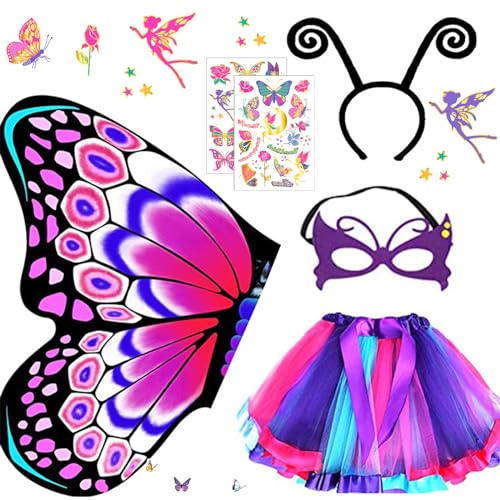 HIQE-FL Kostüm Schmetterling Kinder,6 Stück Schmetterling Kostüm Sets,Schmetterlingsverkleidungen,mit Maske,Kinder Tutu Rock, Haarreif, Tattoos Schmetterling,für Cosplay,Karneval,Fasching,Mottoparty von HIQE-FL