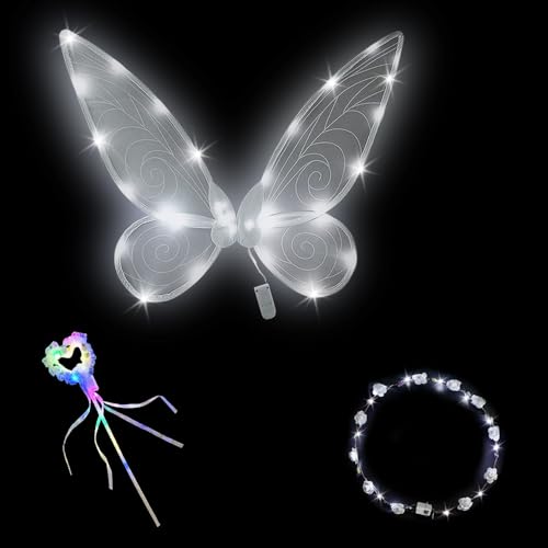 HIQE-FL LED Feenflügel Leuchtende,3 Stück Elfenflügel Set,Feen Flügel Wings Kinder,Feenflügel Erwachsene,Flügel Fee,Karneval Flügel,Cosplay Kostüm,Halloween Flügel(Weiß) von HIQE-FL