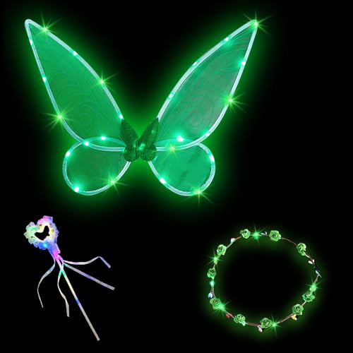 HIQE-FL LED Feenflügel Leuchtende,3 Stück Elfenflügel Set,Feen Flügel Wings Kinder,Feenflügel Erwachsene,Flügel Fee,Karneval Flügel,Cosplay Kostüm,Halloween Flügel (Grün) von HIQE-FL