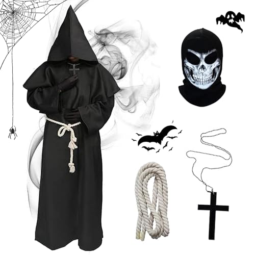 HIQE-FL Mönch Kostüm Herren mit Kapuze und Kreuz,Mittelalter Renaissance Robe,Herren Cosplay Mönchskostüm,Herren Kapuze Mönch Robe Priester Kostüm,Mönch Priester Gewand,für Halloween Karneval von HIQE-FL