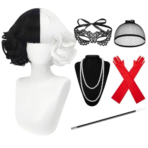 HIQE-FL Cruella Kostüm Damen,Halloween Kostüm Damen,70er Jahre Accessoires,Kurz Schwarz Weiß Cosplay Perücken mit Pony,Damen Spitze Maske,Handschuhe Halskette Set,für Karneval,Fasching,Mottoparty von HIQE-FL