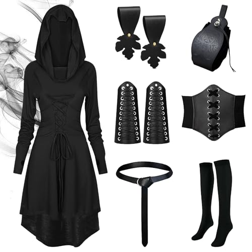 HIQE-FL Renaissance Kostüm,Mittelalter Kleidung Damen,Robe zum Schnüren Mittelalter Kleid,Halloween Kostüm,Renaissance mit Kapuze,Kleid für Halloween Karneval,Cosplay Halloween Karneval von HIQE-FL