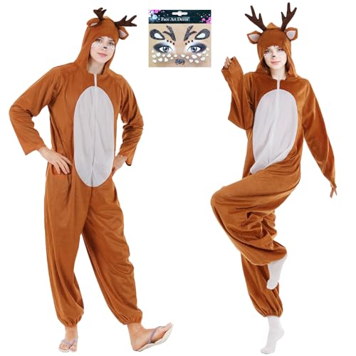 HIQE-FL Rentier Kostüm,Weihnachtskostüm,All-in-One mit Kapuz,Weihnachten Hirsch Tier Onesie,Weihnachtskostüm Reh Kostüm,Weihnachts Kostüm,Unisex Onesie,für Karneval,Fasching,Mottoparty von HIQE-FL