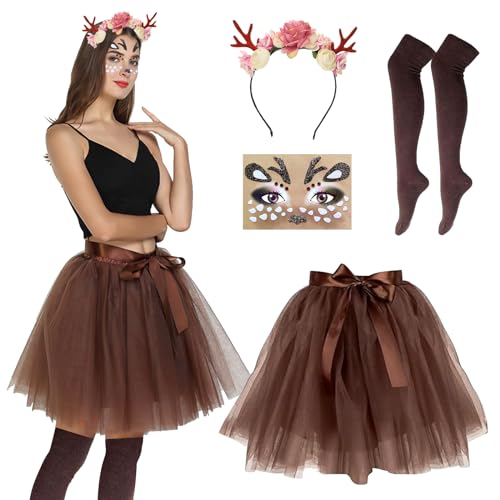 HIQE-FL Rentier Kostüm Damen,Tutu Rock+Geweih Haarreif+Reh Gesichtstattoo+Overknees Strümpfe,Damen Tüllrock,Reh Kostüm Damen,für Fasching Karneval Halloween Mottoparty Reh Kostüm Accessoires. von HIQE-FL