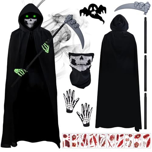 HIQE-FL Sensenmann Kostüm,Halloween Kostüm Sensenmann,mit Schädelmaske, Handschuhen,Sensenmann Umhang mit Kapuze,für Grim Reaper Verkleidung Set Halloween Karnevals Themenparty,Unisex von HIQE-FL