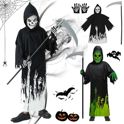 HIQE-FL Sensenmann Kostüm Kinder,Glow in The Dark 110-140 mit Sense Handschuhen,Halloween Kostüm Kinderm,Sensenmann Umhang mit Kapuze Kinder,für Halloween,Karneval,Fasching,Mottoparty von HIQE-FL