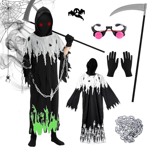 HIQE-FL Sensenmann Kostüm Kinder,Sensenmann Kostüm für Kinder,Sensenmann Kostüm Kinder Jungen,Sensenmann Halloween Kostüm,Grim Reaper Kostüme Set,Cosplay Outfit Halloween Party von HIQE-FL