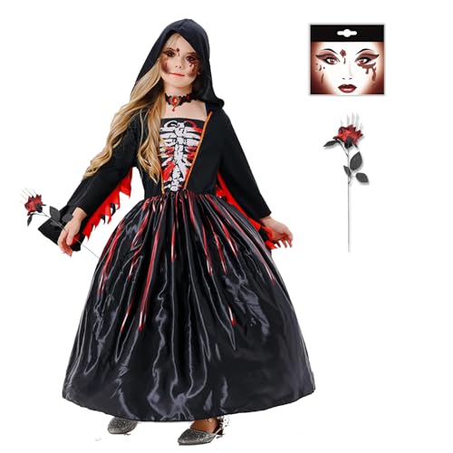 HIQE-FL Vampir Kostüm Mädchen,Halloween Kostüm Mädchen,Halloween Verkleidung Fasching,Vintage Vampir KöNigin,Böse Hexe Skelett Kleid Vampirkostüm,mit Kapuze Halloween Karneval Party für Kinder von HIQE-FL