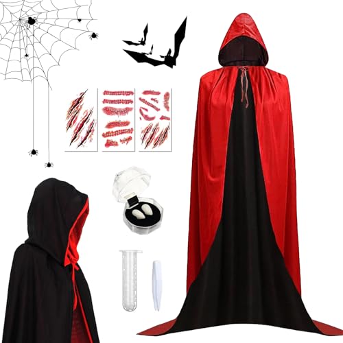 HIQE-FL Vampir Umhang 175cm,Umhang Schwarz Rot Doppelseitig mit Kapuze,Umhang Erwachsener für Cosplay Halloween Kostüm, Halloween,Weihnachten Kostüm, Erwachsene Unisex von HIQE-FL