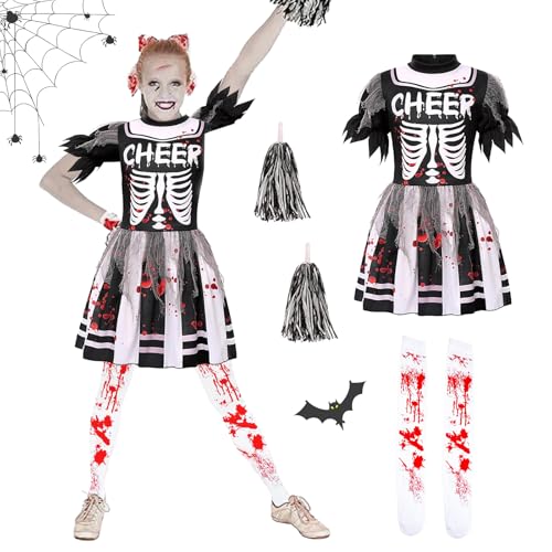 HIQE-FL Zombie Cheerleader Kostüm Mädchen,Zombie-Cheerleader-Kostüm,Zombie Kostüm Mädchen,Cheerleader Zombie,Zombie Kostüm Kinder,Halloween Zombie Cheerleader,für Halloween Karnevals Cosplay von HIQE-FL