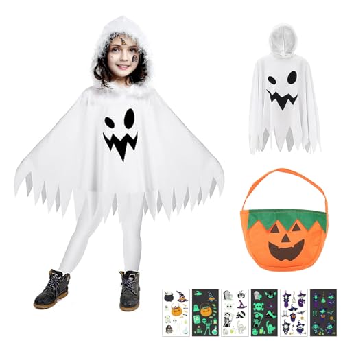 Halloween Kinder Geister Kostüm,Umhang Gespenst,Geister Umhang Kinder Kostüm mit Kürbis Eimer,Kleinkinder Geister Kostüm,Kinder Halloween Geist Umhang,für Halloween,Karneval,Fasching,Mottoparty von HIQE-FL