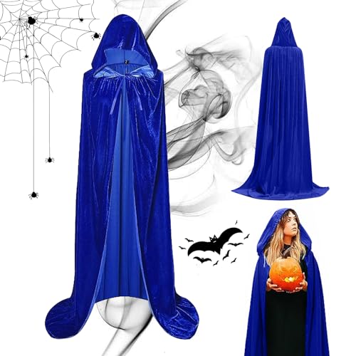 Halloween Kostüm Umhang mit Kapuze,Blau Umhang mit Kapuze, Vampir Teufel Kostüm Lang Satin Samt Cape,150CM Samt Cape Vampir Kostüm Damen Herren Erwachsener für Karneval Halloween Cosplay Kostüm von HIQE-FL