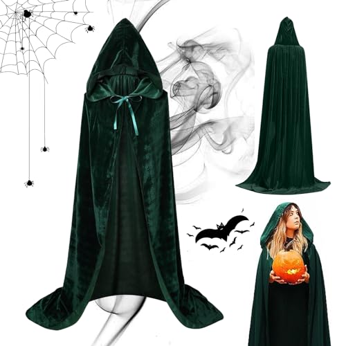 Halloween Kostüm Umhang mit Kapuze,Grün Umhang mit Kapuze, Vampir Teufel Kostüm Lang Satin Samt Cape,150CM Samt Cape Vampir Kostüm Damen Herren Erwachsener für Karneval Halloween Cosplay Kostüm von HIQE-FL