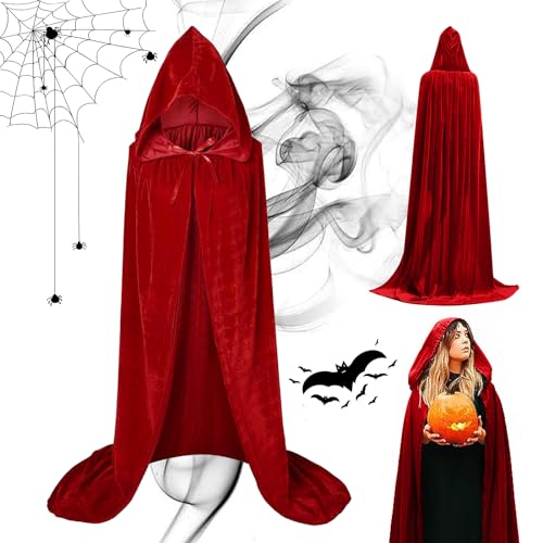 Halloween Kostüm Umhang mit Kapuze,Rot Umhang mit Kapuze, Vampir Teufel Kostüm Lang Satin Samt Cape,150CM Samt Cape Vampir Kostüm Damen Herren Erwachsener für Karneval Halloween Cosplay Kostüm von HIQE-FL