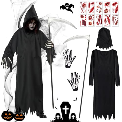 Halloween-Kostüm für Kinder,145cm Halloween Sensenmann Kostüm,Gewand Des Sensenmanns mit Maskenhandschuhen, Sensenmann Halloween Kostüm Kinder Herren,für Halloween,Karneval,Fasching,Mottoparty von HIQE-FL