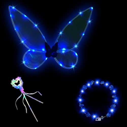 LED Feenflügel Leuchtende,3 Stück Elfenflügel Set,Feen Flügel Wings Kinder,Feenflügel Erwachsene,Flügel Fee,Karneval Flügel,Cosplay Kostüm,Halloween Flügel(Blau) von HIQE-FL