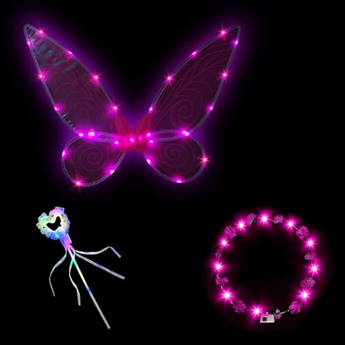 LED Feenflügel Leuchtende,3 Stück Elfenflügel Set,Feen Flügel Wings Kinder,Feenflügel Erwachsene,Flügel Fee,Karneval Flügel,Cosplay Kostüm,Halloween Flügel(Rosa) von HIQE-FL