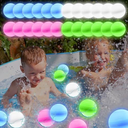 Wasserbomben Wiederverwendbar,24 Stück Leuchtende Wasserbomben,Wasserbomben Selbstschließend,Wasserspielzeug Kinder,Outdoor Sommerspaß Wasserspielzeug für Party, Wasserpark, Familienspiel von HIQE-FL