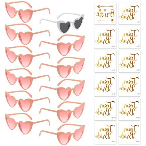 Partybrille Herz Sonnenbrille,12 Bride to Be Herz Sonnenbrille und 12 Team Bride Tattoo Aufkleber,Party Sonnenbrille Team Bride,Hippie Herzförmige Brille,JGA Partybrillen und JGA Deko Accessoires von HIQE-FL