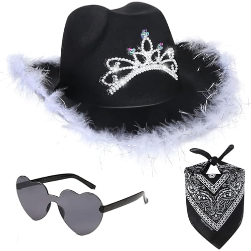 HIQIU 3 Stück Cowboy Hut Damen Set, Cowgirl Hut Damen mit Bandana Partybrille Accessoires Für Wilder Westen Kostü Karneval Mottoparty (Schwarz) von HIQIU