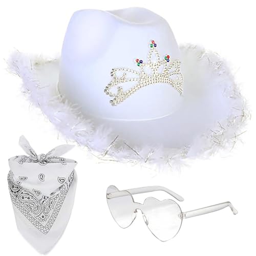 HIQIU 3 Stück Cowboy Hut Damen Set, Cowgirl Hut Damen mit Bandana Partybrille Accessoires Für Wilder Westen Kostü Karneval Mottoparty (Weiß) von HIQIU