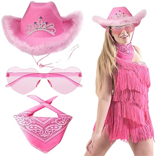 HIQIU 3 Stück Cowboy Hut pink Damen Set, Cowgirl Hut Damen mit Bandana Partybrille Accessoires Für Wilder Westen Kostü Karneval Mottoparty von HIQIU