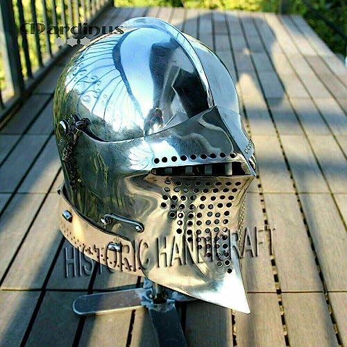 HISTORIC HANDICRAFT 18 Gauge Stahl Mittelalterlicher Barbuta Bascinet Typ Kampfhelm Silber Polnisch Ritter Visier Brabuta Hemet Templer Kreuzritter Halloween Kostüm von HISTORIC HANDICRAFT