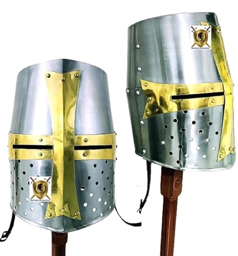 HISTORIC HANDICRAFT 18GA Stahl Kreuzritter Helm Tempelhelm Medival Ritter Helm mit Mason's Brass Cross Larp Cosplay Helm Reenactment Halloween Rüstung Kostüme von HISTORIC HANDICRAFT