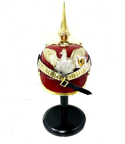 HISTORIC HANDICRAFT Deutscher Offizier Pickelhaube Helm - Leder & Messing - Kaiserlicher Preußischer Helm - SCA Mittelalter Rüstung Hemet - Messingakzente Kaiseroffizier Spike Helm mit Ständer von HISTORIC HANDICRAFT