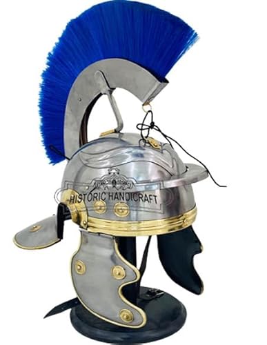 HISTORIC HANDICRAFT Herren Römischer Centurion Helm Rüstung Blaue Feder | Mittelalter Metall Replica Helm | Soldat Kostüm, Metallic Silber, Blau, Einheitsgröße Halloween Kostüm von HISTORIC HANDICRAFT