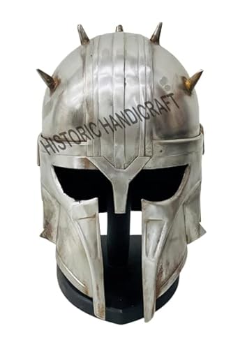 HISTORIC HANDICRAFT Mandalorianer-Helm aus Baustahl, mittelalterlicher Helm für Halloween, Kostüm, Theater, Rollenspiel, solide Rüstung, Helm mit Ständer von HISTORIC HANDICRAFT