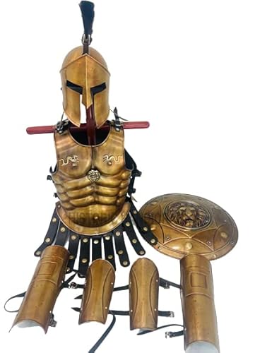 HISTORIC HANDICRAFT Mittelalterlicher 300 Spartaner-Helm + Krieger-Brustpanzerjacke + Arm- und Beinschutz mit Spartaner-Schild, 45,7 cm, rundes Schild, LARP, Erwachsenen-Kostüm, Nachbildung König von HISTORIC HANDICRAFT