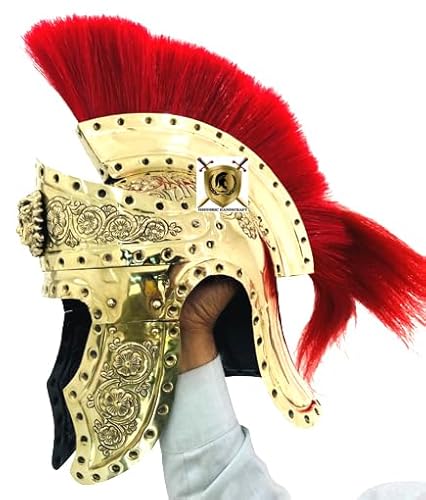 HISTORIC HANDICRAFT Mittelalterlicher Praetorianer-Schutzhelm, römischer griechischer Helm mit roter Feder König Leonidas 300 Film Spartaner-Helm Nachstellung Larp Rüstung Kostüm von HISTORIC HANDICRAFT