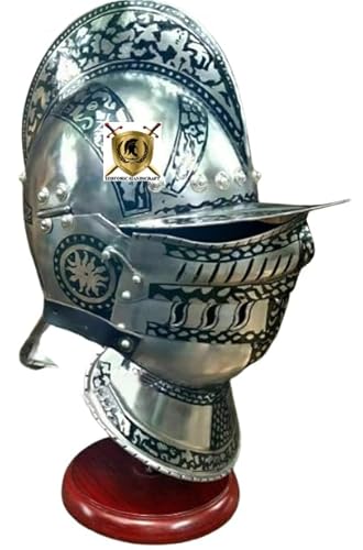 HISTORIC HANDICRAFT Mittelalterlicher Stahl-Helm, geschlossener Ritterhelm mit Gesichtsvisier und Radierung, Sca Larp, Nachstellung, tragbarer Ritterhelm mit Ständer von HISTORIC HANDICRAFT