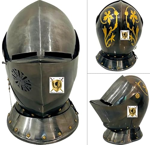 HISTORIC HANDICRAFT Mittelalterlicher europäischer Integralhelm, Schwermetall, enges Gesicht, Krieger, SCA Cosply Rüstung, Helm, Herren, Halloween-Kostüme von HISTORIC HANDICRAFT