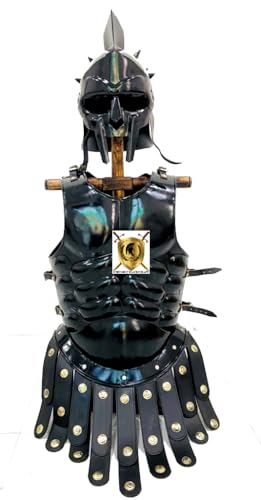 HISTORIC HANDICRAFT Schwarzer Gladiator Maximus Helm mit Rüstung Muskeljacke Mittelalter Kostüm Kampfkrieger Cosplay Rüstung Sca Larp Kreuzritter Halloween Kostüm von HISTORIC HANDICRAFT