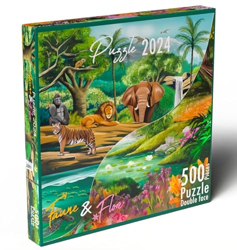 Puzzle 2024 Fauna & Flora – doppelseitiges Puzzle 500 Teile | Erkunden Sie die Wildnis und die florale Schönheit | Lernspiel und entspannend für ein Publikum, das in Puzzles eingeführt wurde von HIT STAIRS