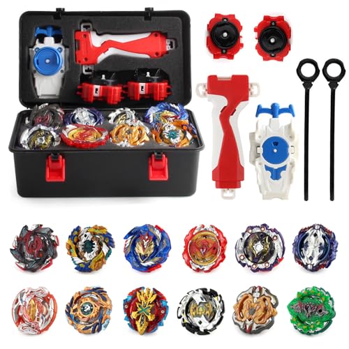 HIULLEN 12 in 1 Bey Burst Turbo Blade Set, 4D Metall Fusion Kampf Kreisel mit Handtasche 12 Burst Kreisel 3 Launchers Arena Combat Game, Kreisel Spielzeug Geschenk für Kinder ab 6 7+ Jahren von HIULLEN