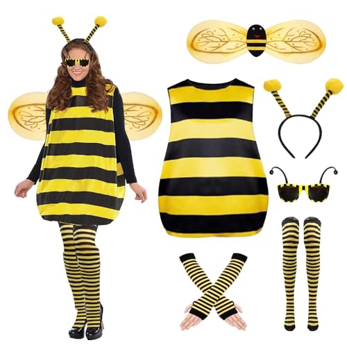 HIULLEN 6 Stück Hummel-kostüm für Erwachsene, Hummel Bienen kostüm mit Flügeln, Faschings-Kostüme Rollenspiele Set mit Haarreif und Beinärmel für Karneval Cosplay Dress Up Partys (M) von HIULLEN