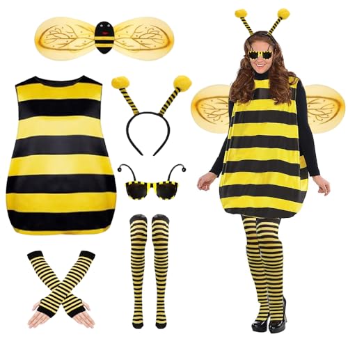 HIULLEN Bienen Kostüm Damen, 6 Stück Hummel Kostüm für Erwachsene, Große Größen Bienenkostüm Erwachsene mit Kleid Sonnenbrille, Handschuhe, Socken, Flügel, Fühler für Karneval Party Verkleidung(XL) von HIULLEN