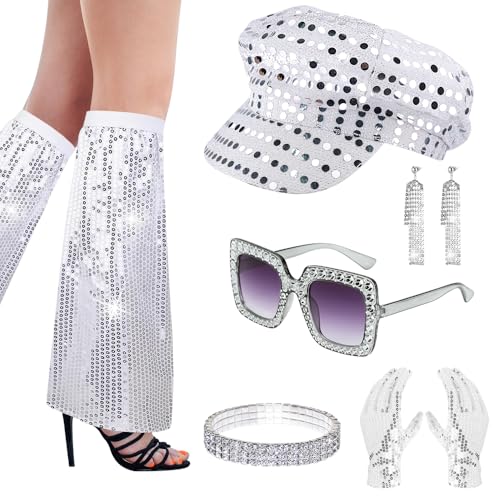 HIULLEN 70er Jahre Disco Zubehör, 70er Jahre Verkleidung Frauen Zubehör, Bling Sonnenbrille Ohrringe Armband Handschuhe Baskenmütze Beinstulpen Abba Disco Verkleidung Kit für Frauen Retro 70 von HIULLEN