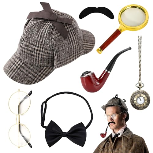 HIULLEN 7Stück Detektiv Kostüm Zubehör Set,Sherlock Holmes Zubehör mit Detektivhut Lupe Metallbrille Herrenfliege Bart,Detektiv Zubehör Victorian für Kinder Erwachsenen Halloween Cosplay KarnevalParty von HIULLEN