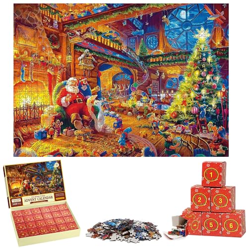 HIULLEN Adventskalender 2024 Puzzle, Weihnachtsbeifall Jigsaw Puzzle, 24 Tage 1008 Teile Weihnachten Geschenke für Erwachsene Kinder Weihnachtskalender für Jungen Mädchen Familienspiele Hausdekoration von HIULLEN