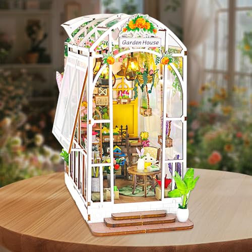 HIULLEN Book Nook Kit Gartenhaus, Miniatur Haus, 3D Puzzle Buchstützen aus Holz, DIY Booknook Diorama Buchstütze Modellbausatz mit LED-Licht, DIY Miniature House für Zuhause, Dekor Geschenk von HIULLEN