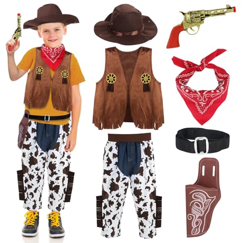 HIULLEN Cowboy Kostüm Kinder, 6 Stück Western Cowboy Zubehör Set mit Cowboy Weste Cowboy Hut Halstuch, Spielzeug Guns & Gürtel für kinder Karneval Cosplay Weihnachten Kinder ab 3 4 5 6 7 8 9 10Jahren von HIULLEN