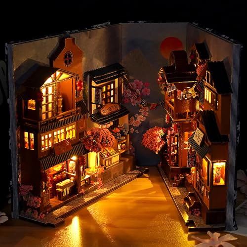 HIULLEN DIY Book Nook Kit, Puppenhäuser Miniatur Haus Kit, 3D Holzpuzzle Buchstütze mit LED-Licht Nook Bücherregal Einsatz Dekoration Modellbausätze Geschenk für Teen Erwachsene von HIULLEN